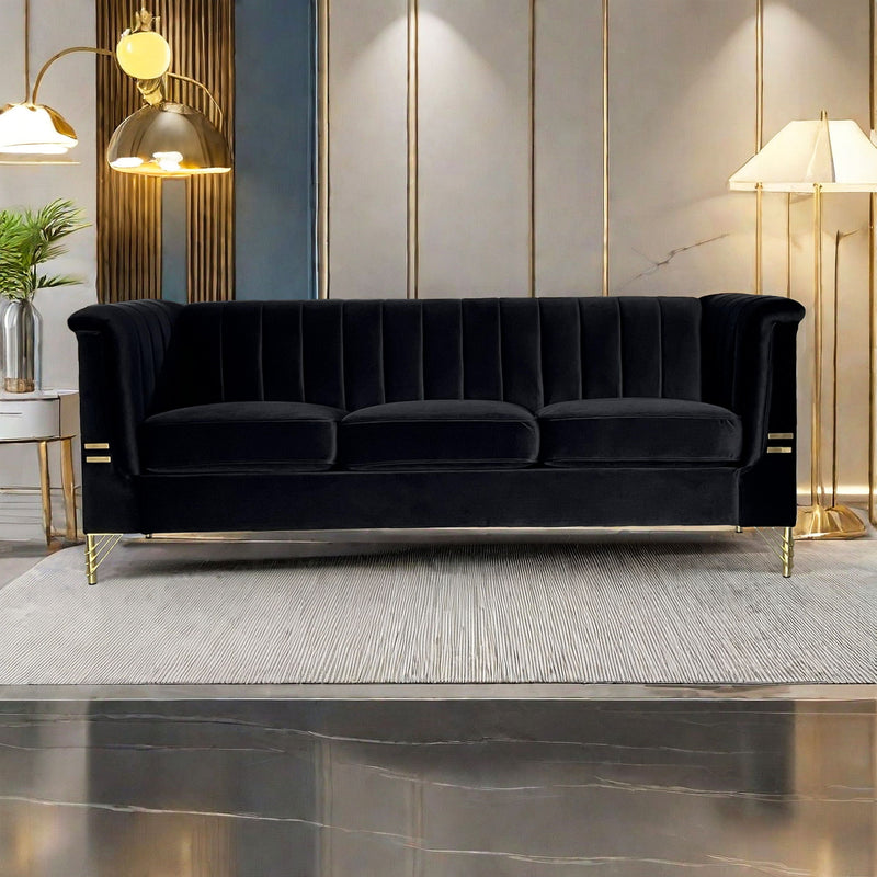 Fx-P82-Bk (Sofa) Modern Sofa Couches For Living Room, Velvet Tight Back Chesterfield Design Couch Upholstered Sofa With Metal Legs Decor Furniture For Bedroom - Black