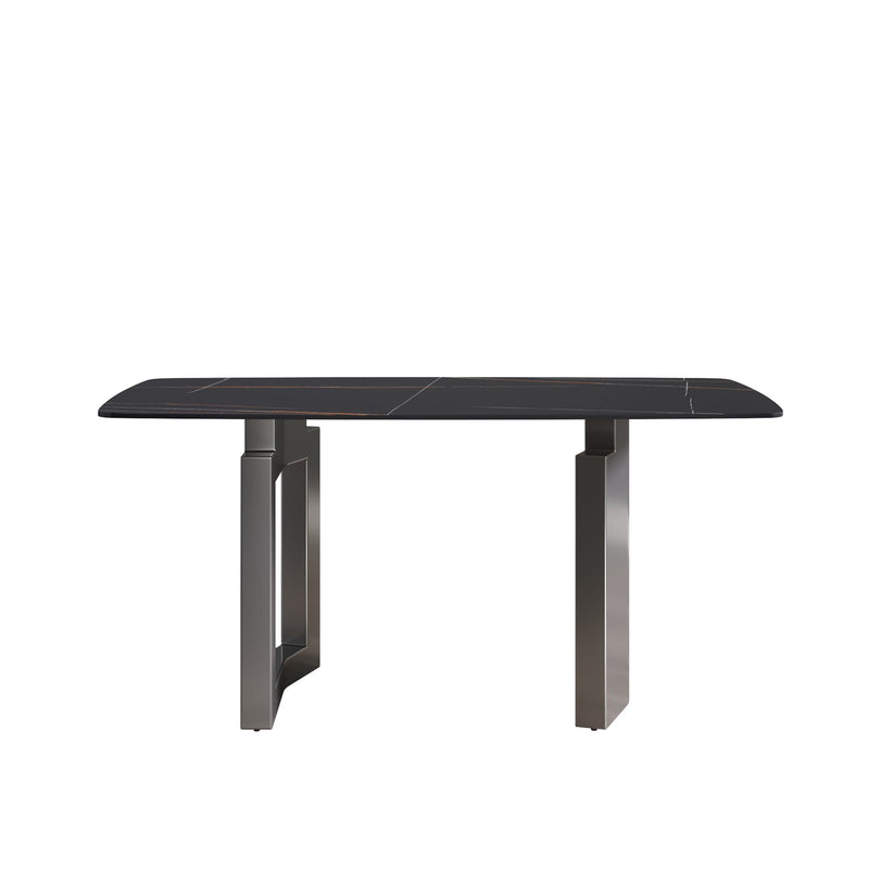 63" Modern Artificial Stone Black Curved Black Metal Leg Dining Table, 6 People - Black