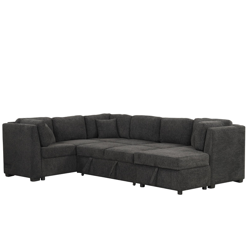 U-Shaped Sectional Sofa Pull Out Sofa Bed With Two USB Ports, Two Power Sockets, Three Back Pillows And A Storage Chaise For Living Room