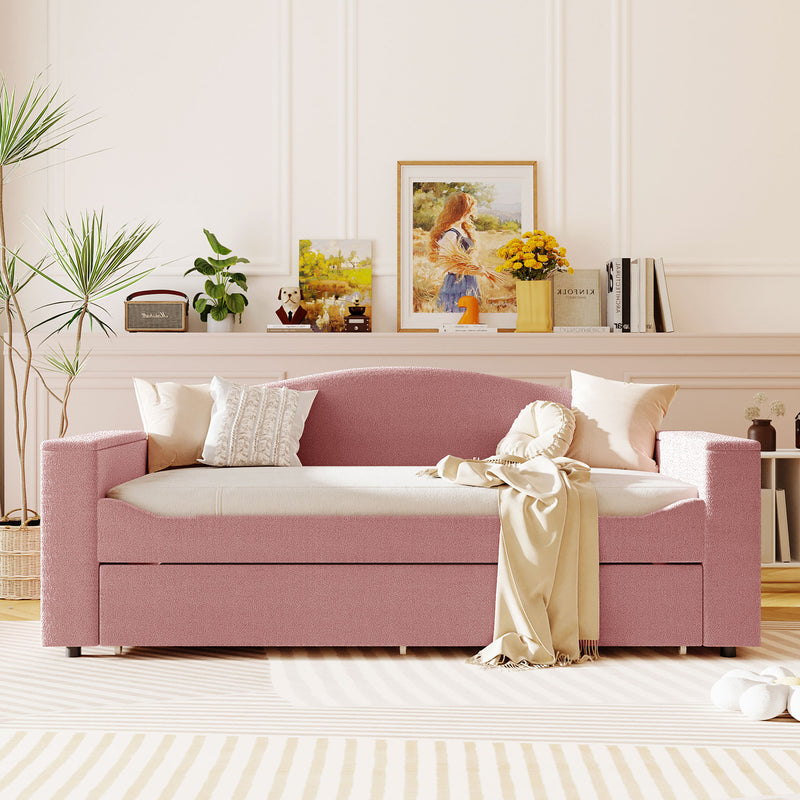 Twin Size Upholstered Daybed with Storage Armrests, Trundle and Latest Integrated Bluetooth Audio System, Teddy Fleece, Pink