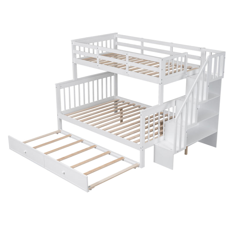 Twin Over Full Bunk Bed With Twin Size Trundle, Storage And Guard Rail For Bedroom, Dorm, For Adults - White