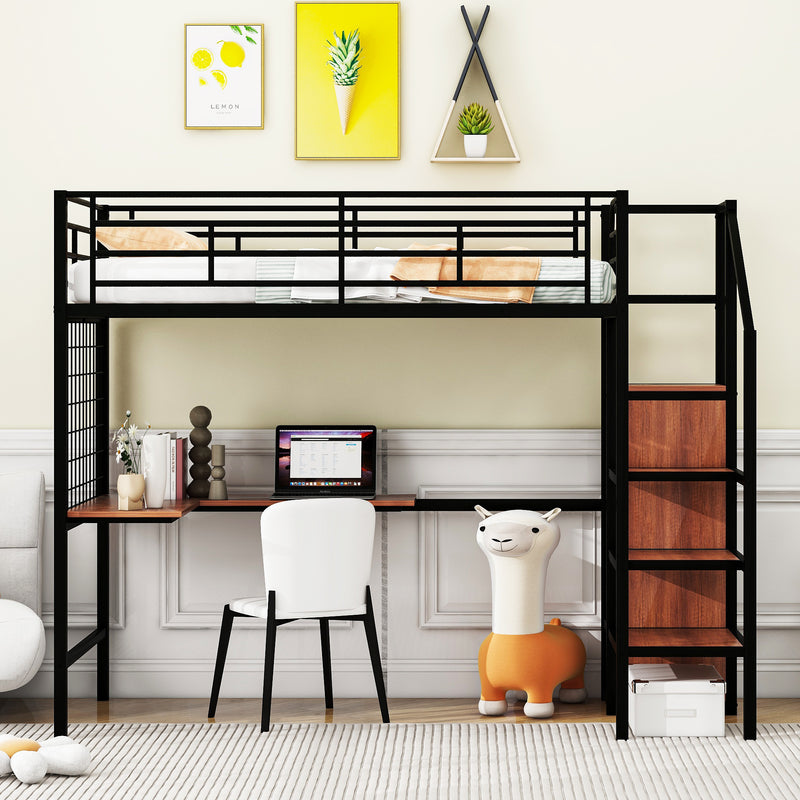 Twin Size Metal Loft Bed with Desk and Metal Grid, Stylish Metal Frame Bed with Lateral Storage Ladder and Wardrobe, Black