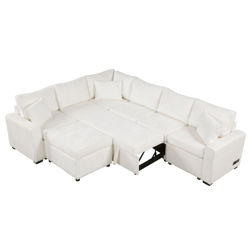 Sectional Sofa Pull-Out Sofa Bed Sleeper With A Storage Ottoman, Three Pillows And Charging Devices For Living Room