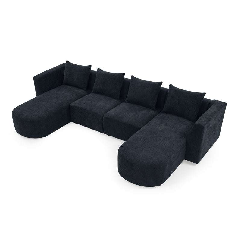 U Shape Sectional Sofa including Two Single Seats and Two Chaises, Modular Sofa, DIY Combination, Loop Yarn Fabric, Black