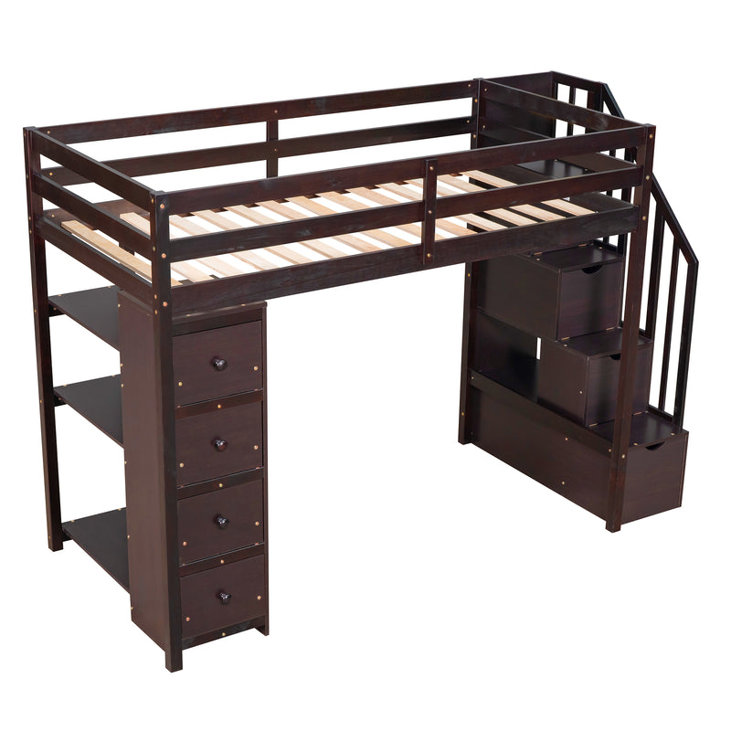 Twin size Loft Bed with Storage Drawers and Stairs, Wooden Loft Bed with Shelves - Espresso