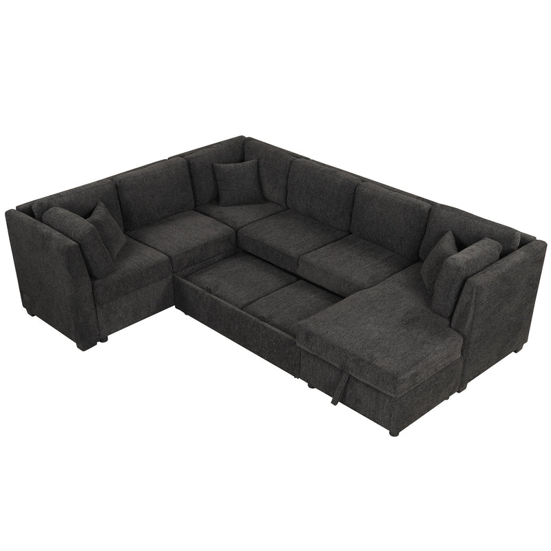 U-Shaped Sectional Sofa Pull Out Sofa Bed With Two USB Ports, Two Power Sockets, Three Back Pillows And A Storage Chaise For Living Room