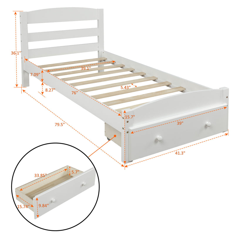 Twin Platform Bed Frame With Storage Drawer And Wood Slat Support No Box Spring Needed - White