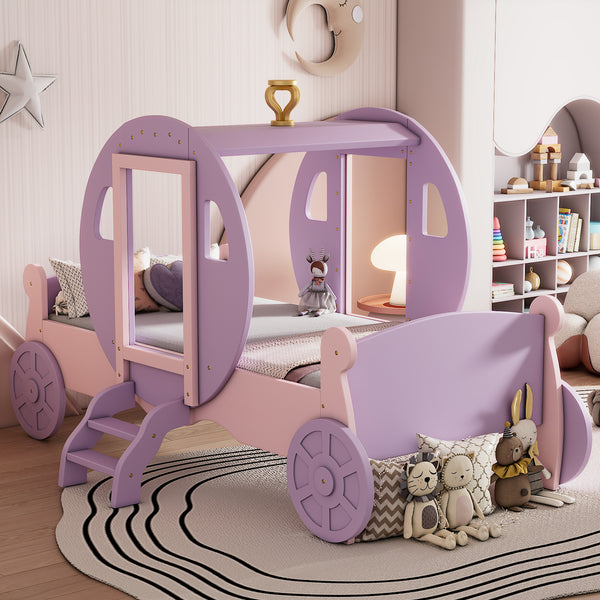 Twin size Princess Carriage Bed with Crown,Wood Platform Car Bed with Stair,Purple+Pink