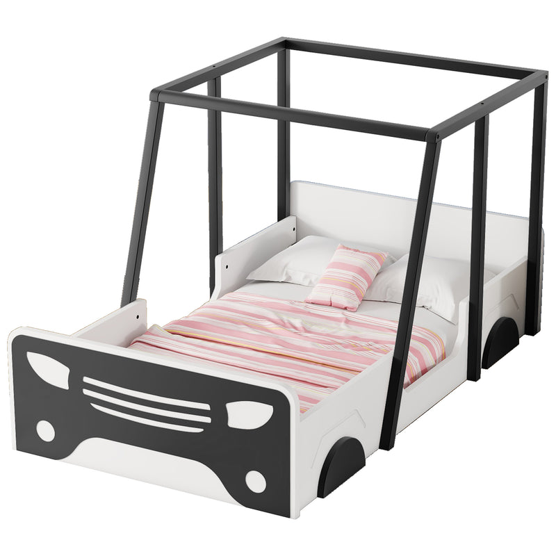 Twin Size Car-shaped Bed with Roof,Wooden Twin Floor Bed with wheels and door Design,Montessori Inspired Bedroom,Black