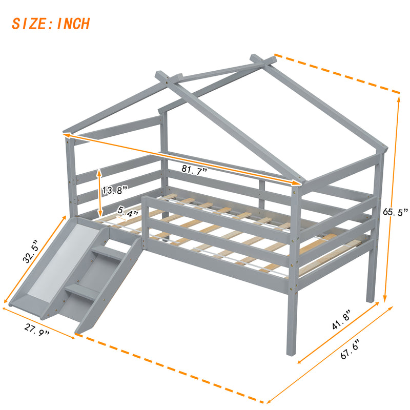 Twin Low Loft House Bed with Slide,  Ladder, Safety Guardrails, House Roof Frame,Grey