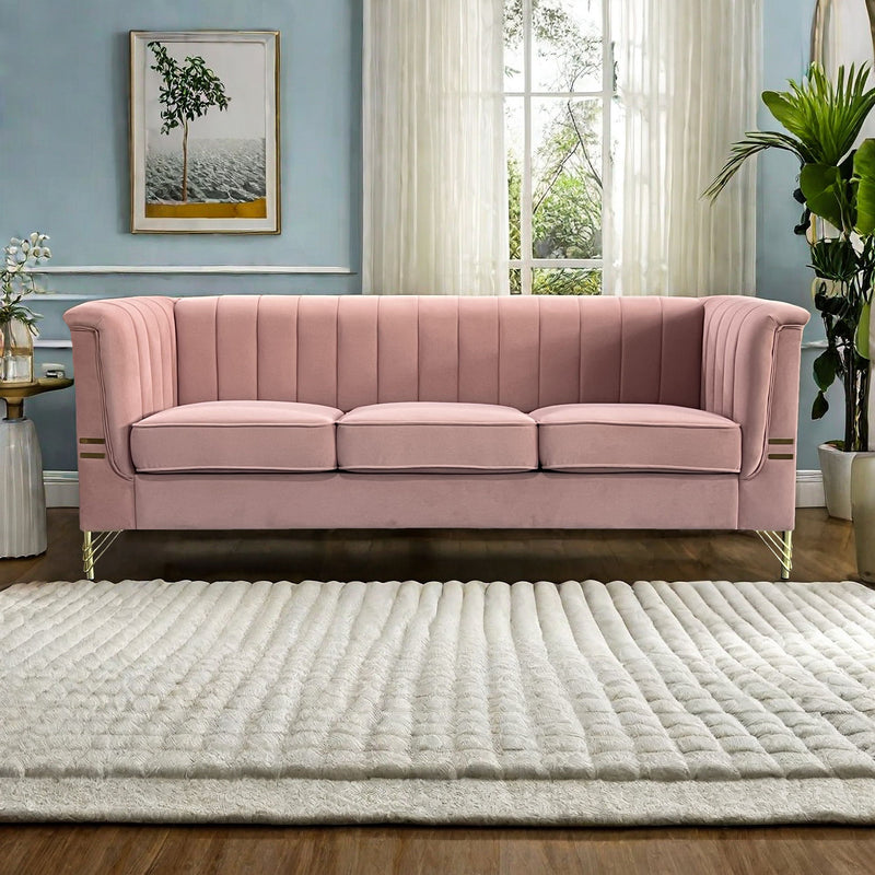 FX-P82-PK(SOFA) Modern Designs Velvet Upholstered Living Room Sofa, 3 Seat Sofa Couch With Golden Metal Legs For Home, Apartment Or Office - Pink