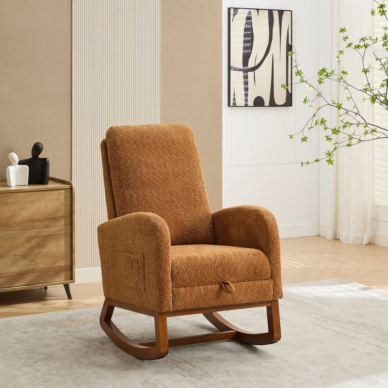 Rocking Chair For Nursery, High Back Glider Chair With Retractable Footrest, Side Pocket, Rocking Accent Armchair With Rubber Wood Legs For Living Room / Bedroom