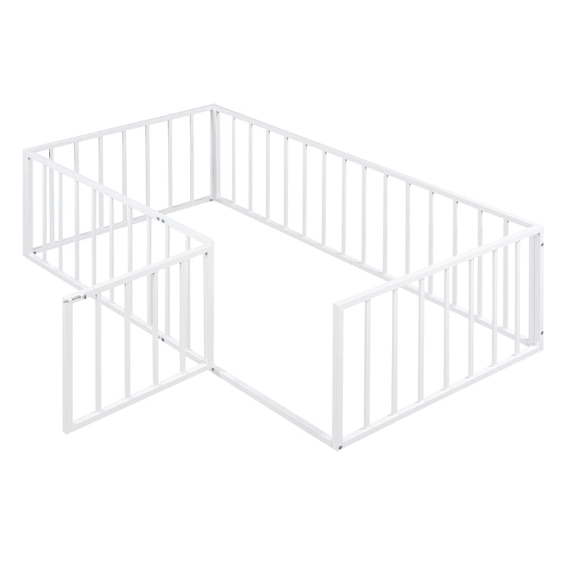 Twin Size Metal Floor Bed Frame with Fence and Door, White