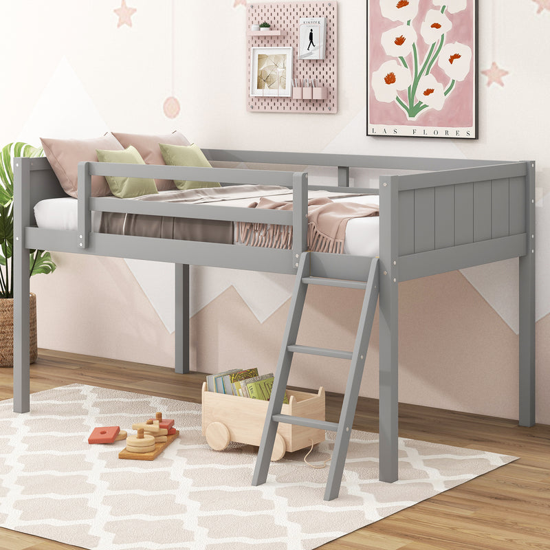 Twin Size Wood Loft Bed with Ladder, ladder can be placed on the left or right, Gray