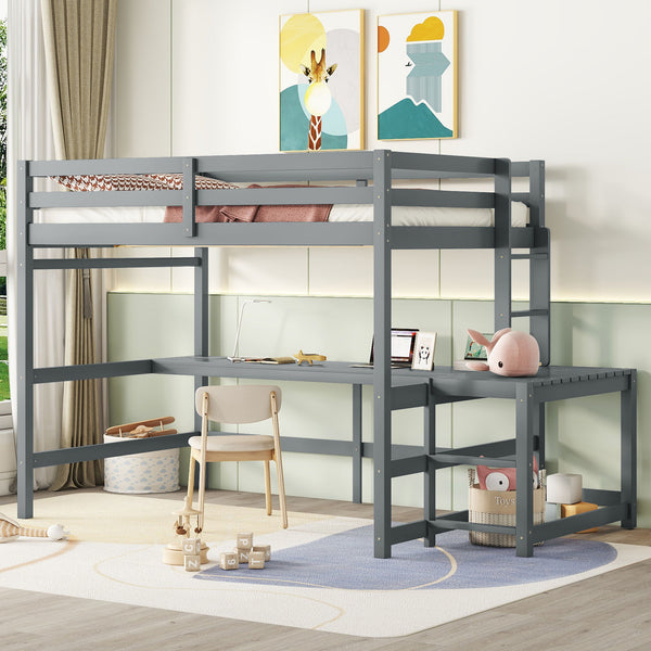 Full Loft Bed With Built-In Desk, Ladder Platform, Ladders, Guardrails - Gray