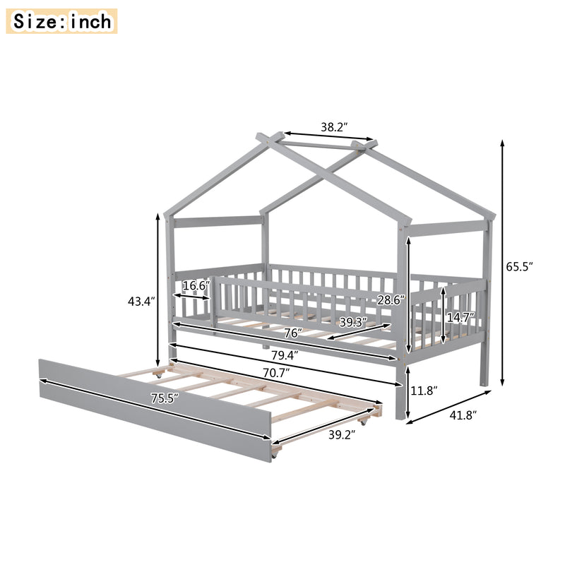 Twin Size Wooden House Bed with Twin Size Trundle, Gray