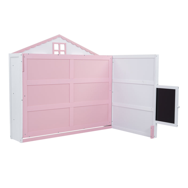 Wood Full Size House Murphy Bed with USB, Storage Shelves and Blackboard, Pink+White