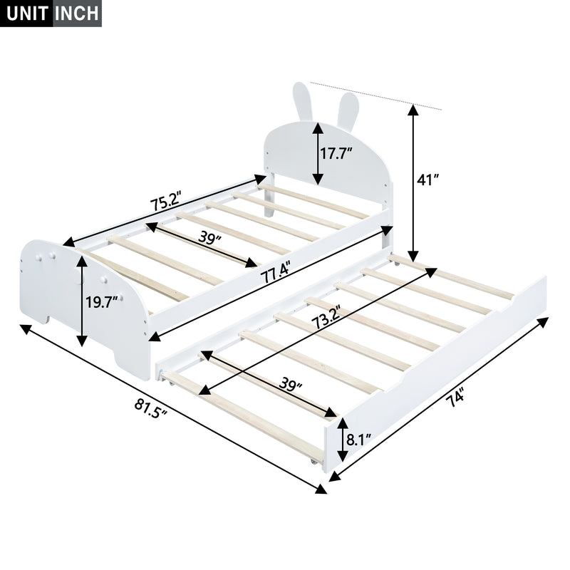 Wood Twin Size Platform Bed with Cartoon Ears Shaped Headboard and Trundle, White