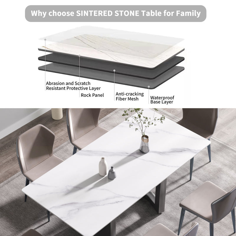 70.87" Modern Artificial Stone White Straight Edge Black Metal Leg Dining Table - White / Black