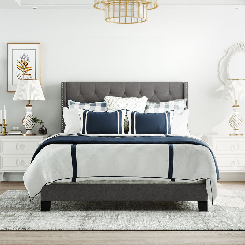 Upholstered Platform Bed with Classic Headboard, Box Spring Needed, Gray Linen Fabric, Queen Size