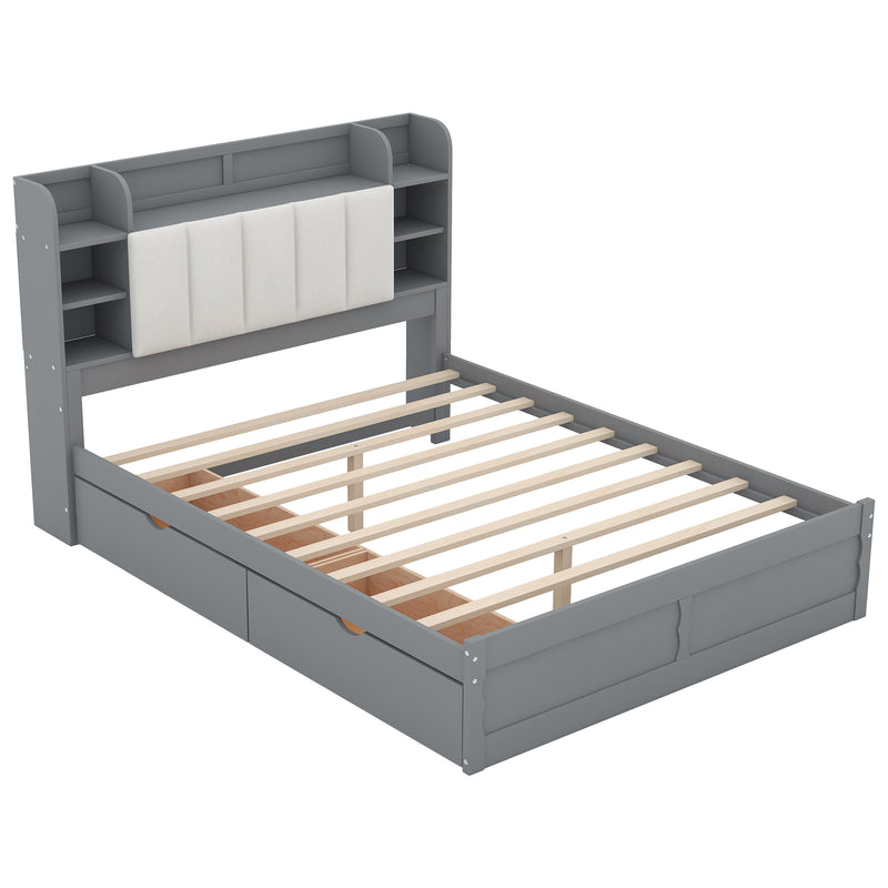 Wood Queen Size Platform Bed with Storage Headboard, Shelves and 2 Drawers, Gray