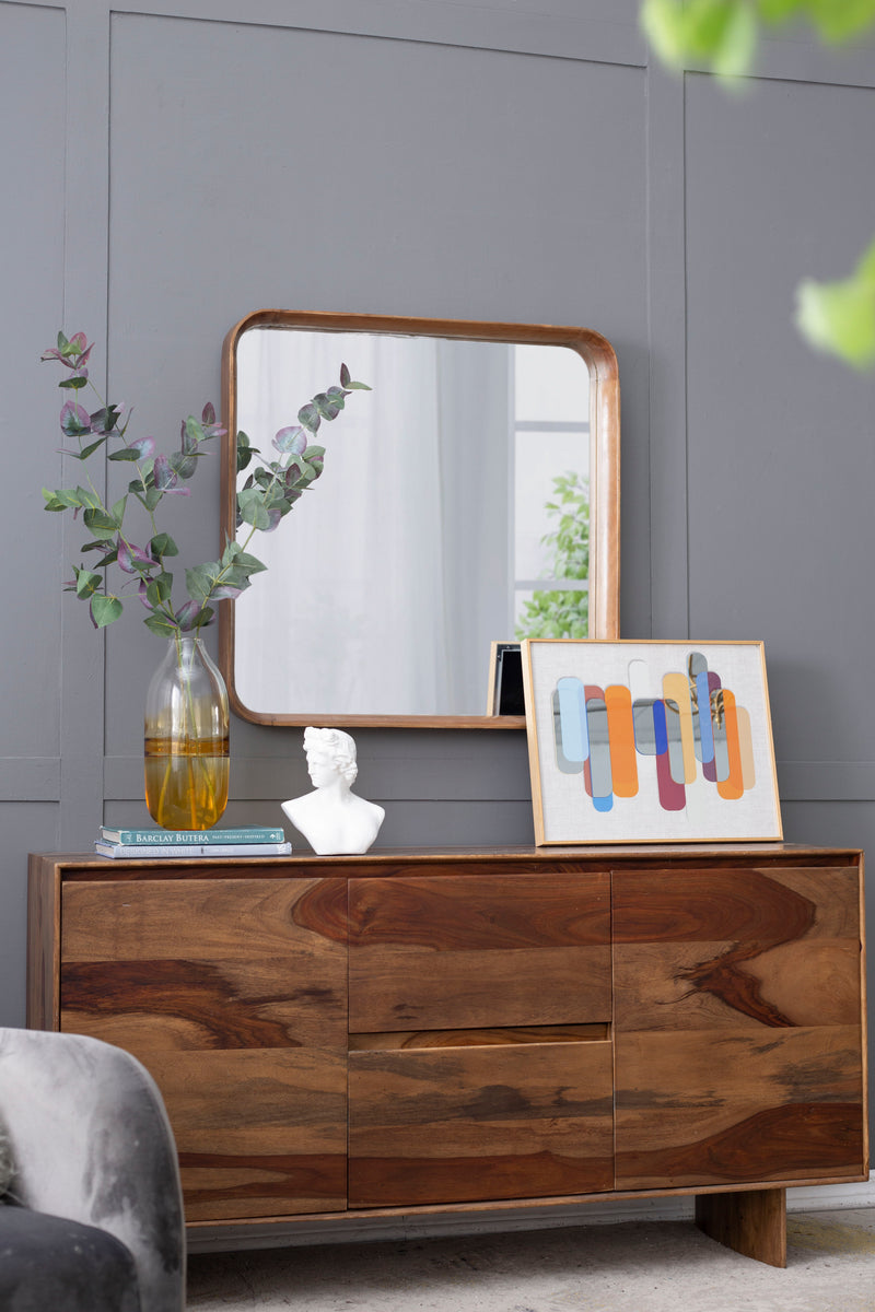 Square Mirror With Wood Frame, Wall Mirror For Living Room Bathroom Entryway - Brown