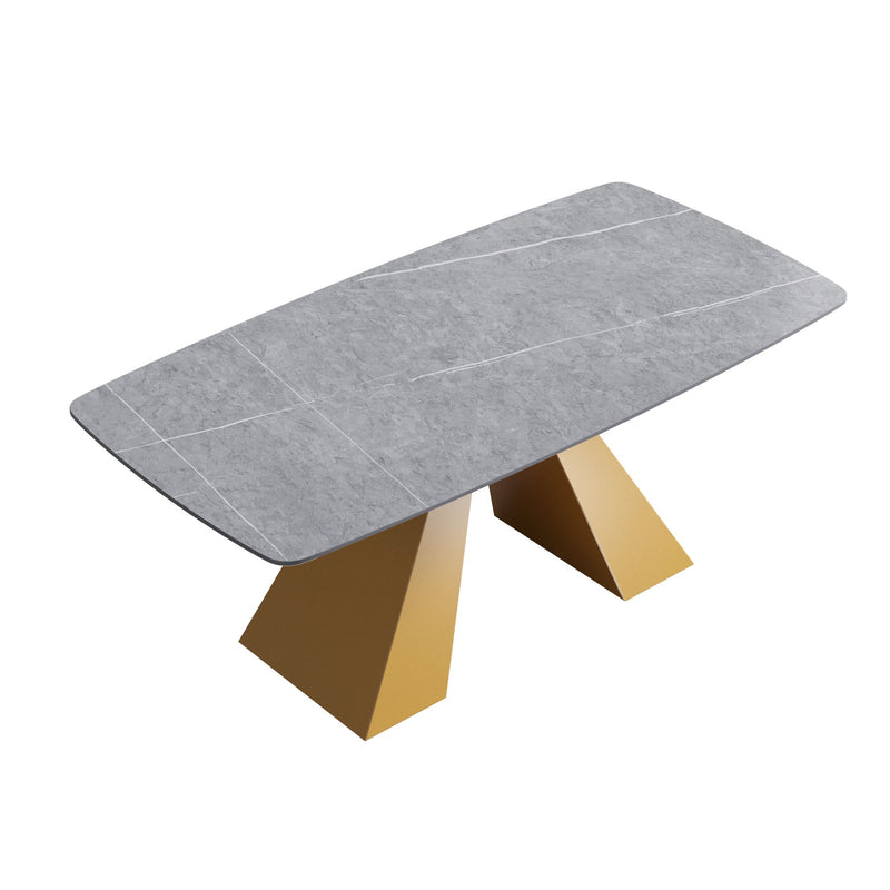 70.87" Modern Artificial Stone Gray Curved Golden Metal Leg Dining Table, Can Accommodate 6-8 People - Gray / Gold