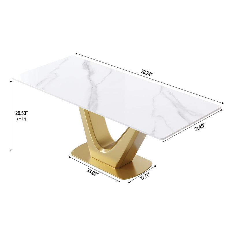 78.74" Modern Artificial Stone Panel Golden V-Shaped Metal Legs, Can Accommodate 8 People - White / Gold