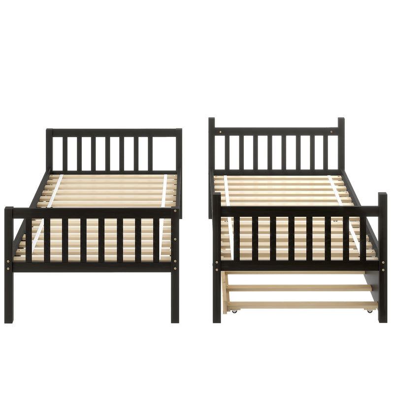 Twin Over Twin Bunk Beds with Trundle, Solid Wood Trundle Bed Frame with Safety Rail and Ladder, Kids/Teens Bedroom, Guest Room Furniture, Can Be converted into 2 Beds,Espresso