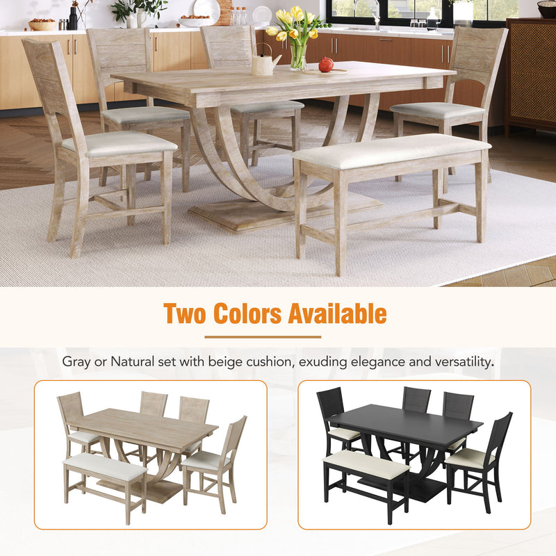 Topmax - 6 Piece Wood Half Round Dining Table Set Kitchen Table Set With Long Bench And 4 Dining Chairs, Modern Style