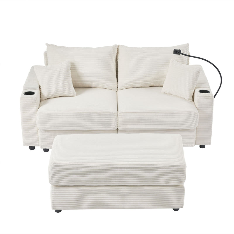 Modern Style Loveseat Sofa Sectional Sofa Couch With Storage Space, A Movable Ottoman, Two USB Ports, Two Cup Holders, A Phone Holder For Living Room