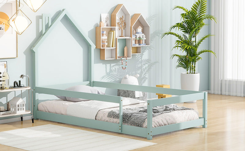 Twin Size Wood bed with House-shaped Headboard Floor bed with Fences,Light Green