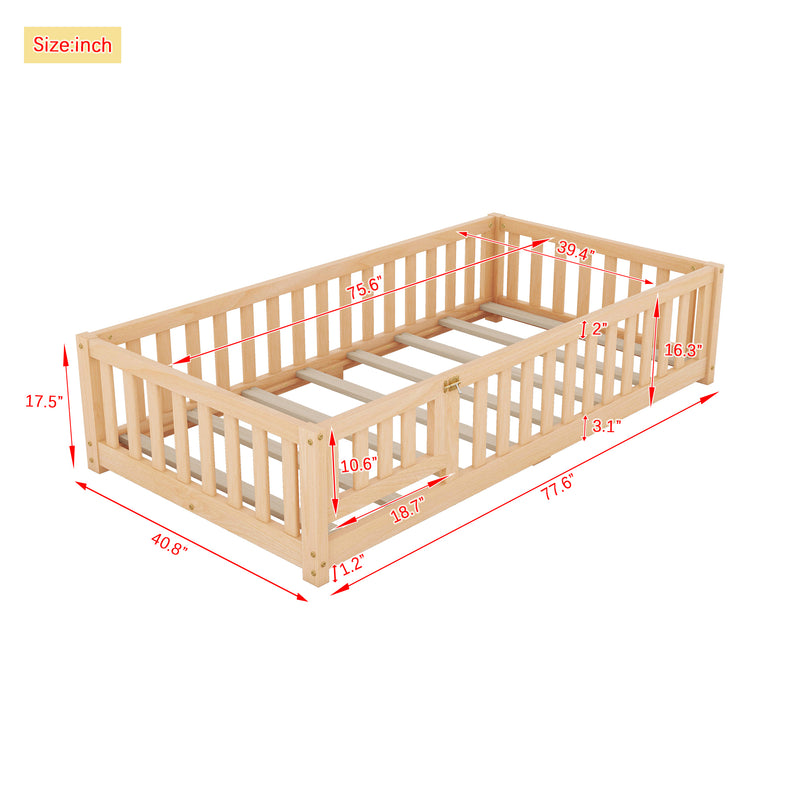 Twin Size Bed Floor Bed with Safety Guardrails and Door for Kids, Natural