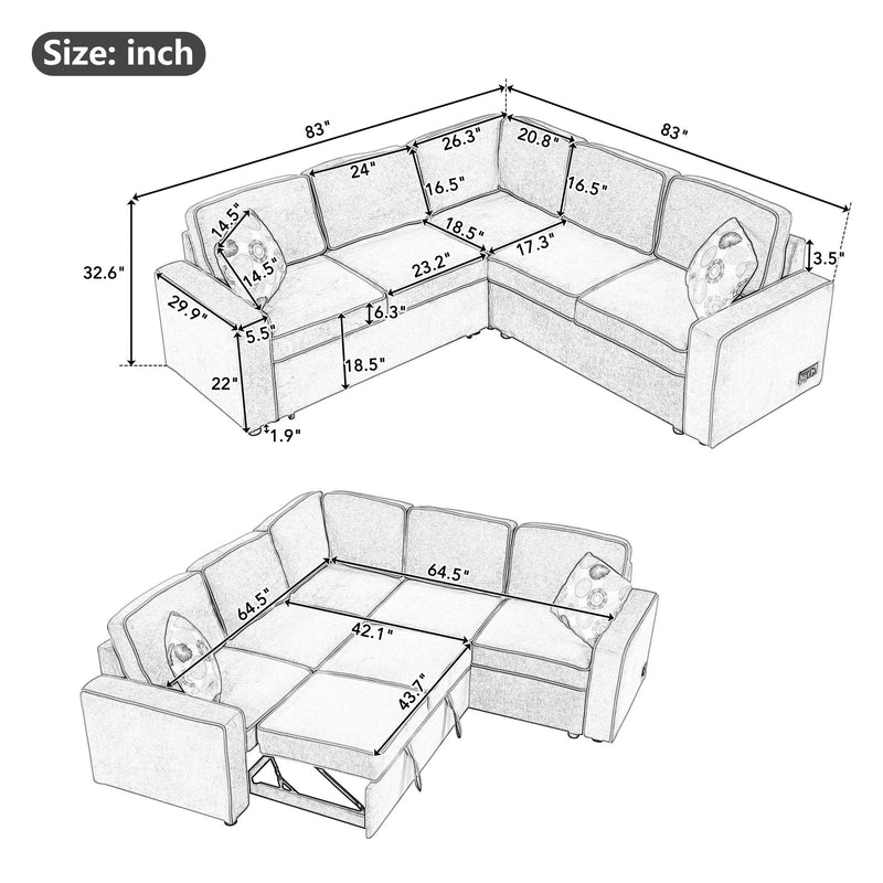 L-Shaped Pull Out Sofa Bed Modern Convertible Sleeper Sofa With 2 USB Ports, 2 Power Sockets, 3 Pillows For Living Room - Gray