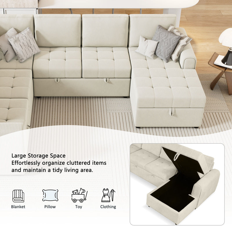 U-Shaped Sofa Sectional Sofa Pull-Out Sofa Bed With A Storage Chaise Lounge, Charging Devices For Living Room - Beige