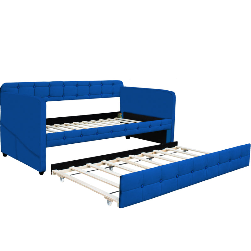 Upholstered Twin Size Daybed Bed Frame (Corner Bed) With Trundle, Velvet Fabric, Studding Design, No Box Spring Required