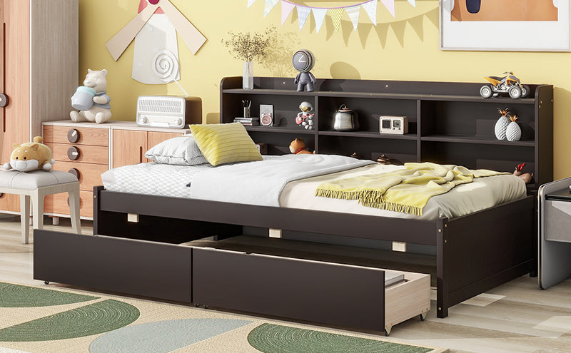 Twin Bed with Side Bookcase, Drawers ,Espresso