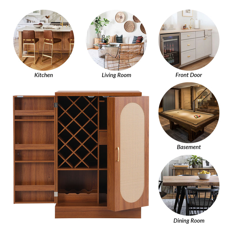 Home Bar Cabinet, Industrial Rattan Door Fold Out Bar Cabinet With Storage Bar Table - Walnut