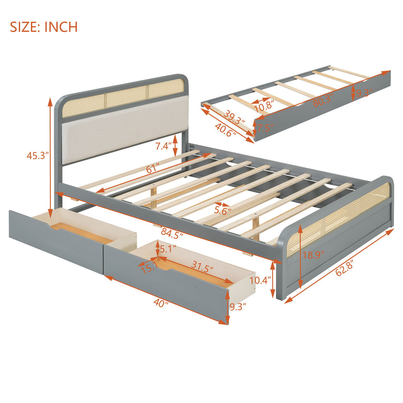 Wooden Platform Bed With Trundle And 2 Drawers