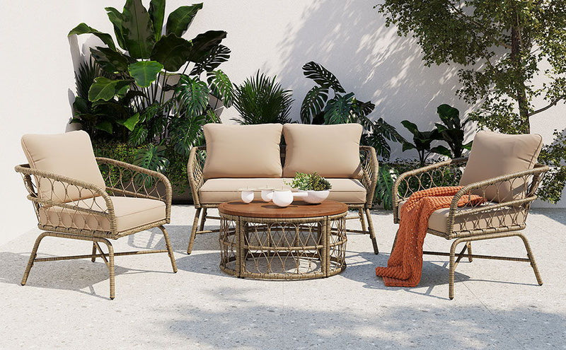 Bohemia-Inspired 4 Person Outdoor Seating Group With Removable Cushions, Conversation Patio Set With Wood Tabletop - Beige