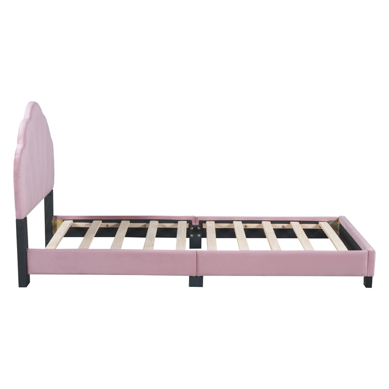 Twin Size Upholstered Velvet Platform Bed with Shell-Shaped Headboard, Pink