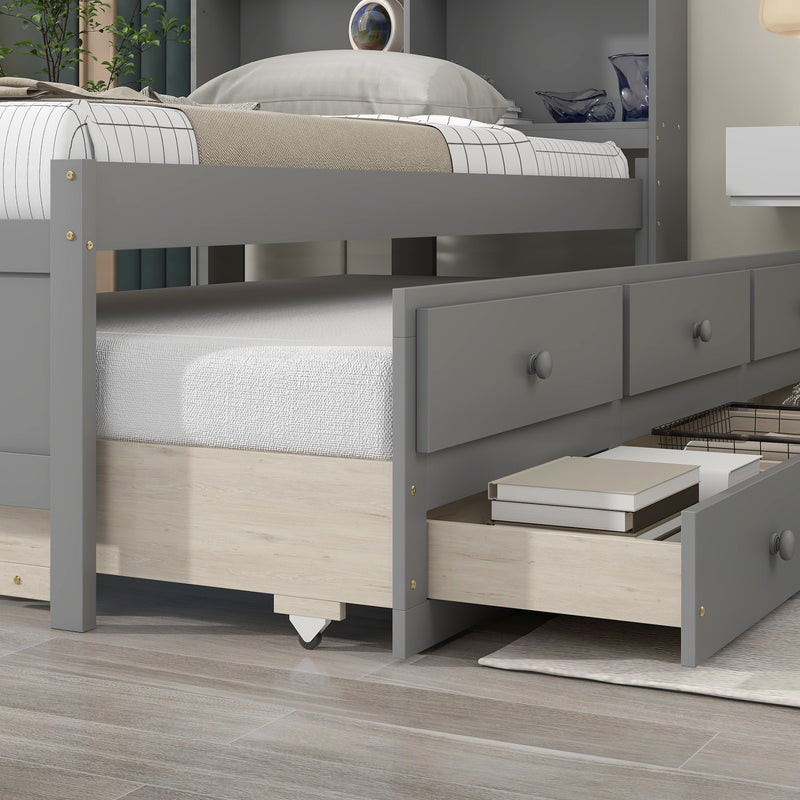 Twin Bed with Twin Trundle,Drawers,Grey