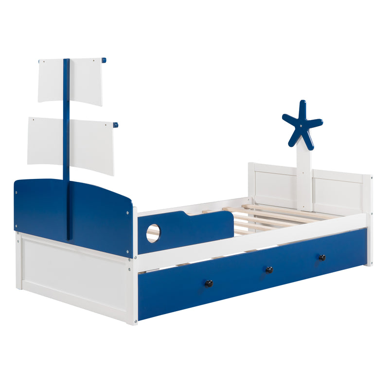 3-Pieces Bedroom Sets,Twin Size Boat-Shaped Platform Bed with  Trundle and Two Nightstands,White+Blue