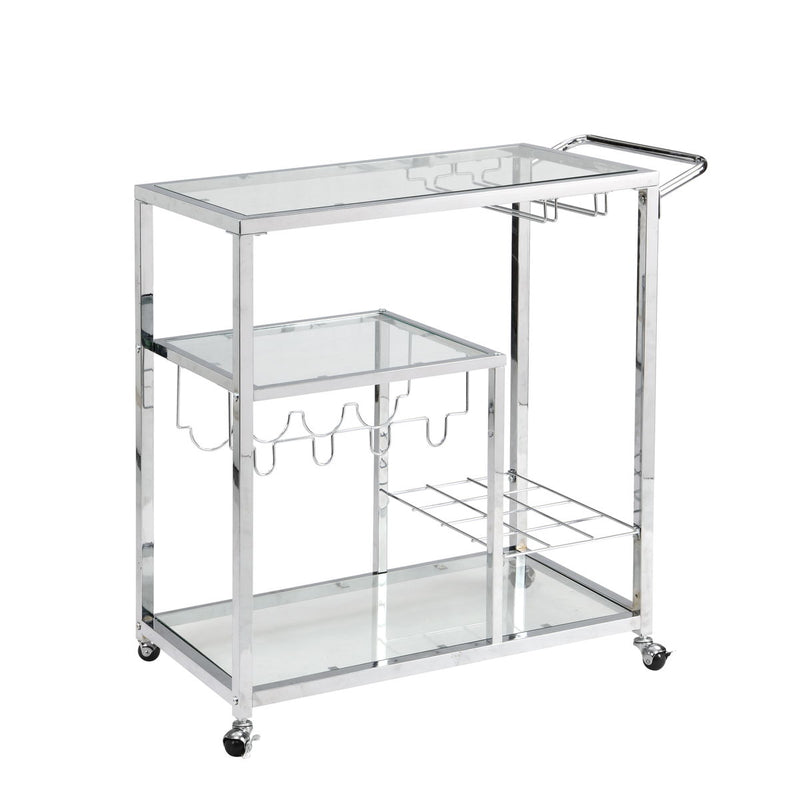 Contemporary Chrome Bar Serving Cart Tempered Glass Metal Frame Wine Storage (Silver) - Silver