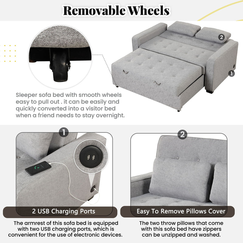 Upholstered Sleeper Bed, Pull Out Sofa Bed Couch Attached Two Throw Pillows, Dual USB Charging Port And Adjustable Backrest For Living Room Space - Gray