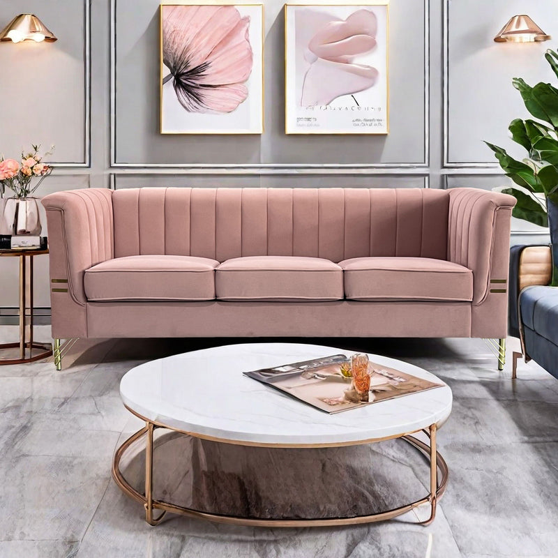 FX-P82-PK(SOFA) Modern Designs Velvet Upholstered Living Room Sofa, 3 Seat Sofa Couch With Golden Metal Legs For Home, Apartment Or Office - Pink