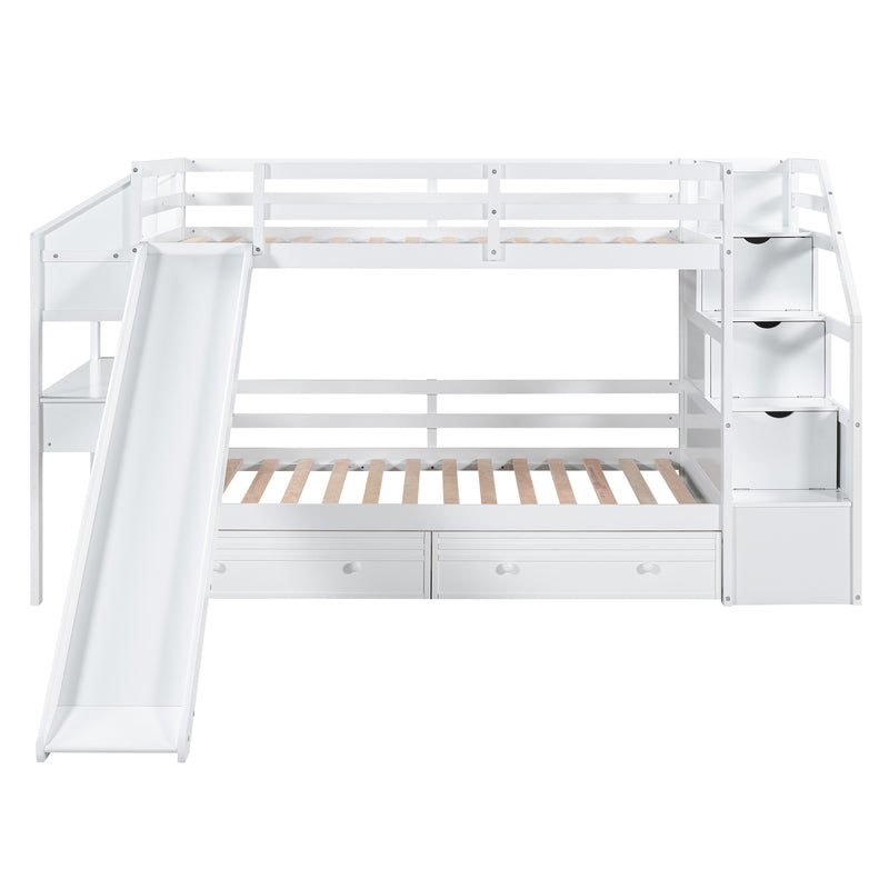 Twin over Twin Bunk Bed with Storage Staircase, Slide and Drawers, Desk with Drawers and Shelves, White