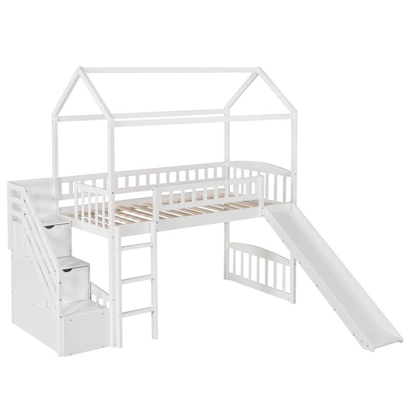 Twin Loft Bed with Two Drawers and Slide, House Bed with Slide, White (Old SKU: LP000130AAK)