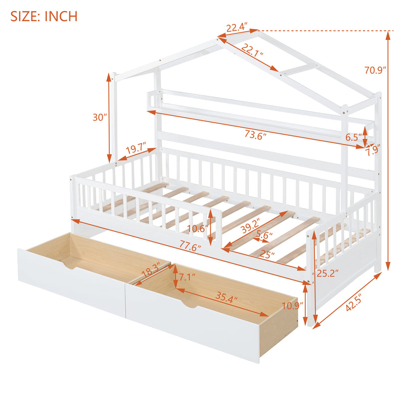 Wooden Twin Size House Bed with 2 Drawers,Kids Bed with Storage Shelf, White