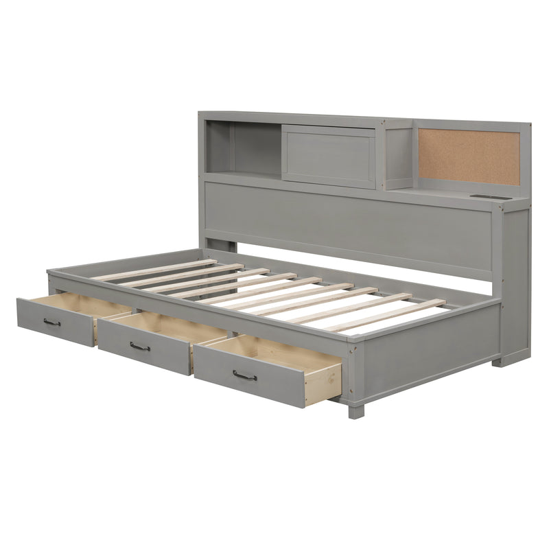 Twin Size Wooden Daybed with 3 Storage Drawers, Upper Soft Board, shelf, and a set of Sockets and USB Ports, Gray